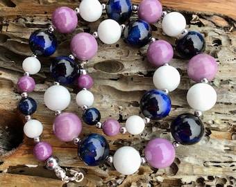 Lilac Phosphosiderite, Blue Tigers Eye and White Chalcedony Statement Necklace