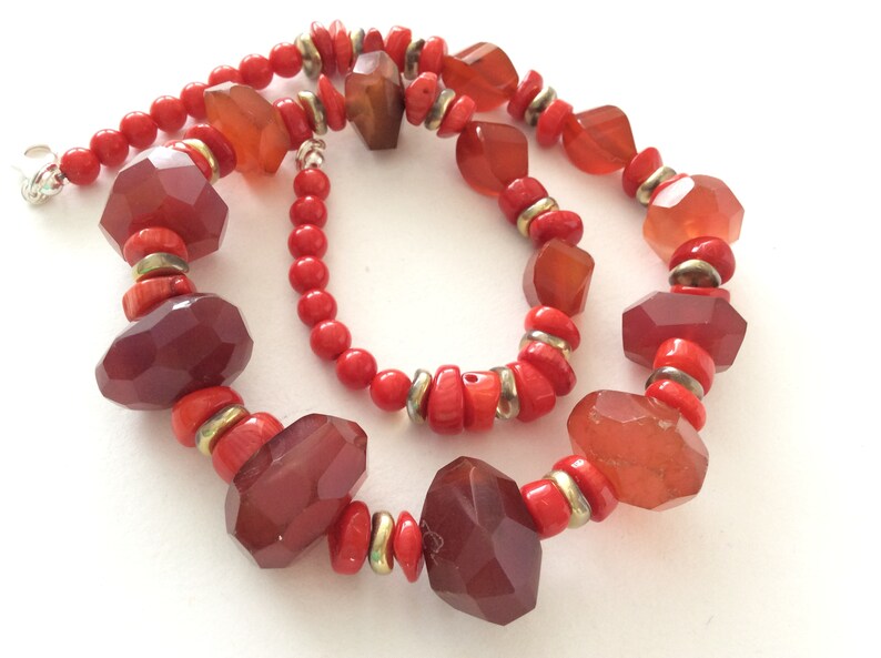 Red Chalcedony Red Agate and Red Coral Gem Bead Statement Necklace