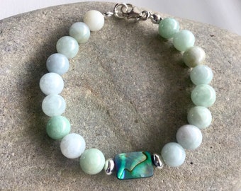 Natural green Jade, Paua shell and sterling silver Bracelet