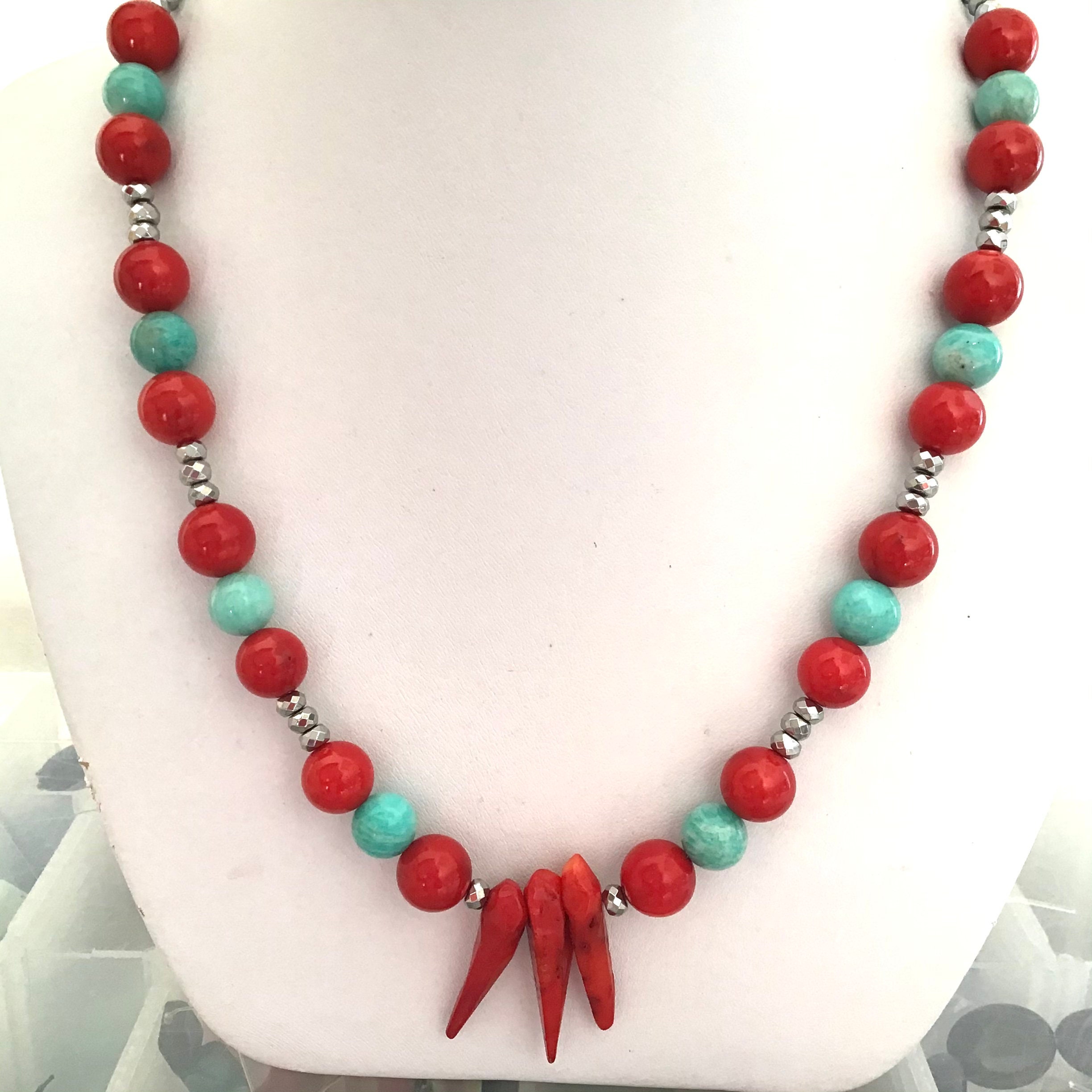 Red Coral Amazonite and Hematite Gem Bead Necklace - Etsy UK