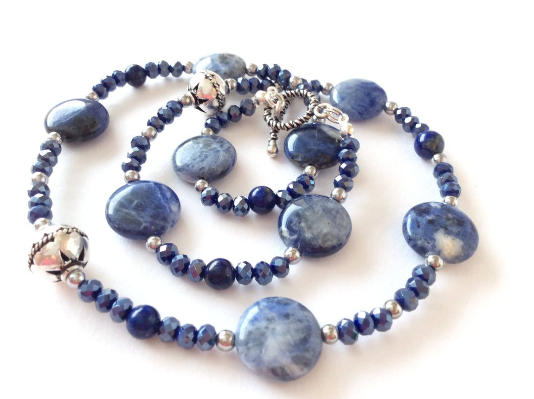 Smokey Blue Sodalite Silver and Crystal Gem Necklace - Etsy UK