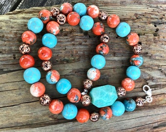 Amazonite, Matrix Turquoise. Howlite and Bronze lava Bead Necklaces