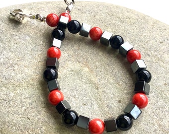 Red Coral, Black Onyx and Hematite Power Bracelet