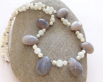 Misty Grey Agate Teardrop, Moonstone and Mother of Pearl bib necklace