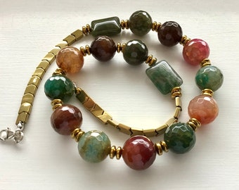Chunky Agate and Gold Hematite Statement Necklace