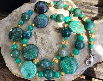 Turquoise green Chrysocolla,Amazonite, Agate and Gold luxury gem Necklace