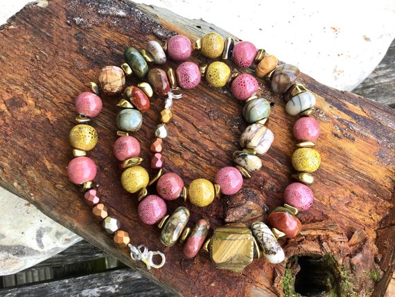 Jasper, Titanium Quartz and Porcelain Bead Necklace