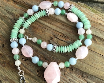 Angelite, Aventurine and Rose Quartz Gemstone Pendant Necklace