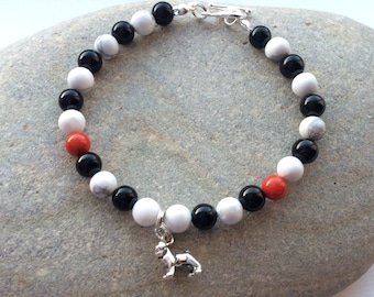 Sterling Silver Pug Charm Bracelet with Red Coral, Black Onyx and White Howlite Gem Beads