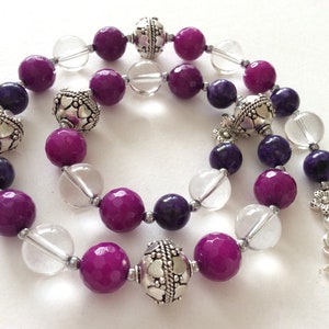 Plum and Purple Jade, Rock Crystal and Silver Chunky Gem Bead Necklace