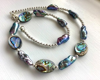Paua Shell, Biwa Peacock pearls and Silver Hematite Necklace