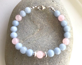 Angelite, Rose Quartz and Sterling Silver Bracelets