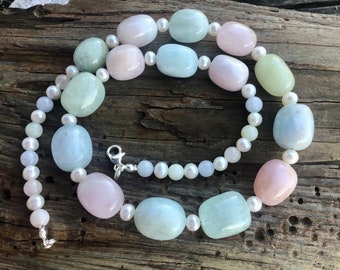 Morganite, Aquamarine, Beryl, and Freshwater Pearl luxury necklace