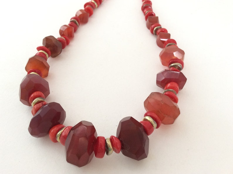 Red Chalcedony Red Agate and Red Coral Gem Bead Statement Necklace