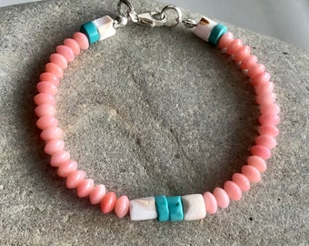 Peach Coral, Shell and Turquoise Bracelet