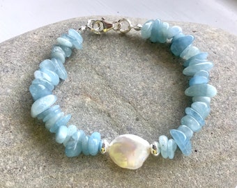 Aquamarine, Keishi Pearl and Sterling Silver Bracelet