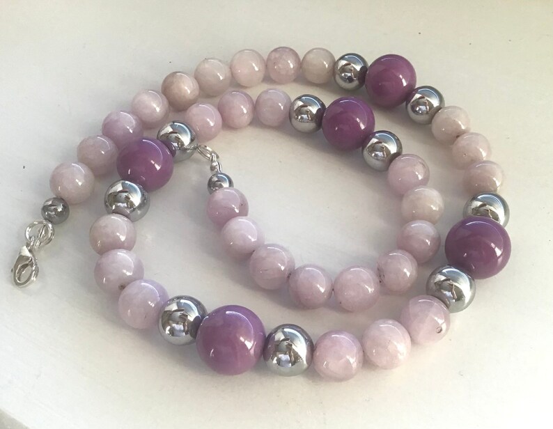Pink Kunzite, Lilac Phosphosiderite, Silver Hematite Necklace image 2