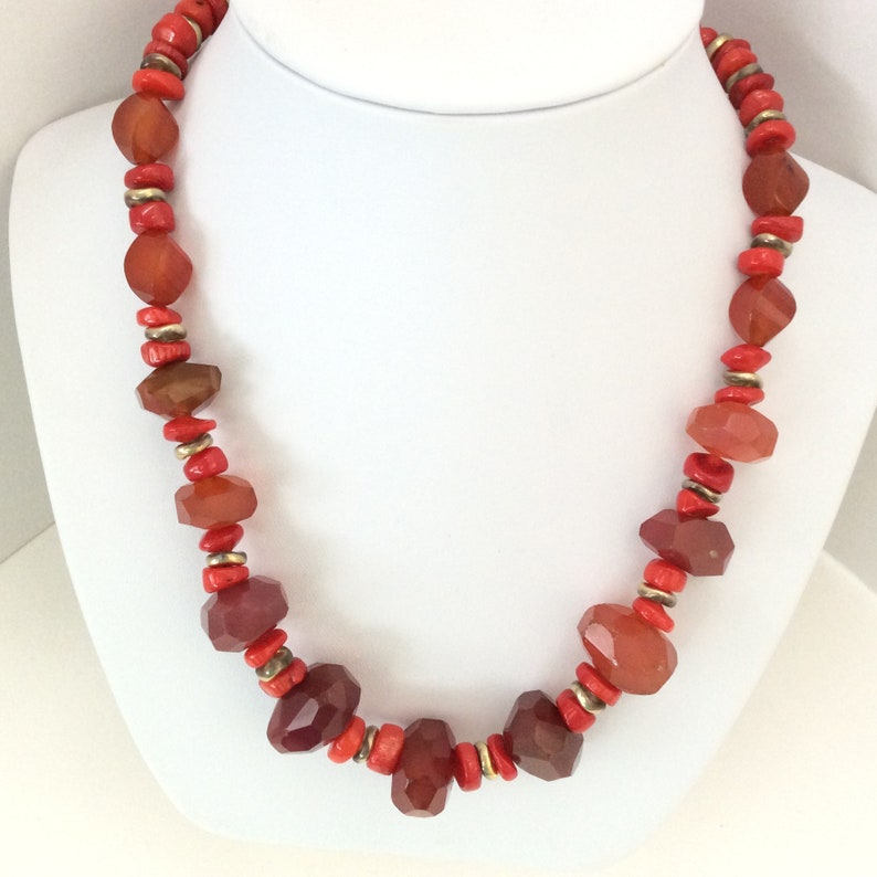 Red Chalcedony Red Agate and Red Coral Gem Bead Statement Necklace
