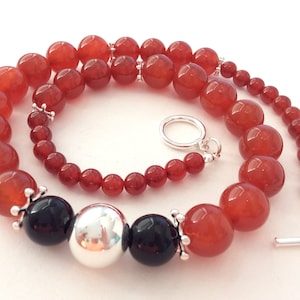 Karneol, Schwarzer Onyx und Sterling Silber Edelstein Perlenkette