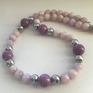 Pink Kunzite, Lilac Phosphosiderite, Silver Hematite Necklace image 6