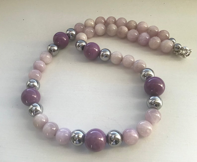 Pink Kunzite, Lilac Phosphosiderite, Silver Hematite Necklace image 6