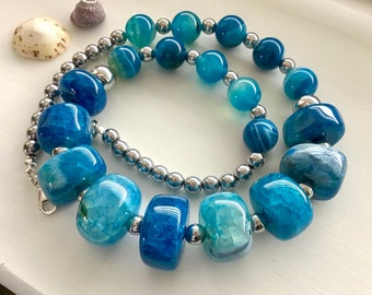 Ocean Blue Agate and Silver Hematite Chunky Necklace