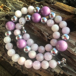 Pink Kunzite, Lilac Phosphosiderite, Silver Hematite Necklace image 1
