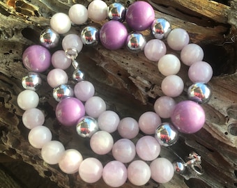 Pink Kunzite, Lilac Phosphosiderite, Silver Hematite Necklace