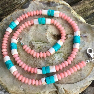 Peach Coral, Shell and Turquoise Necklace image 1