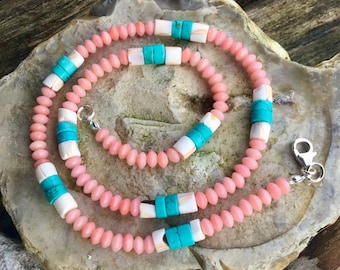 Peach Coral, Shell and Turquoise Necklace