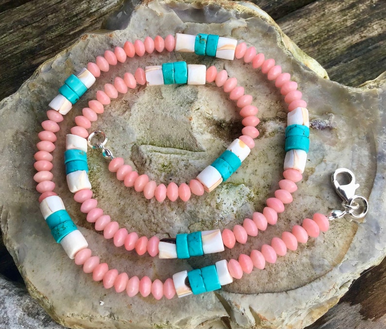 Peach Coral, Shell and Turquoise Necklace image 1