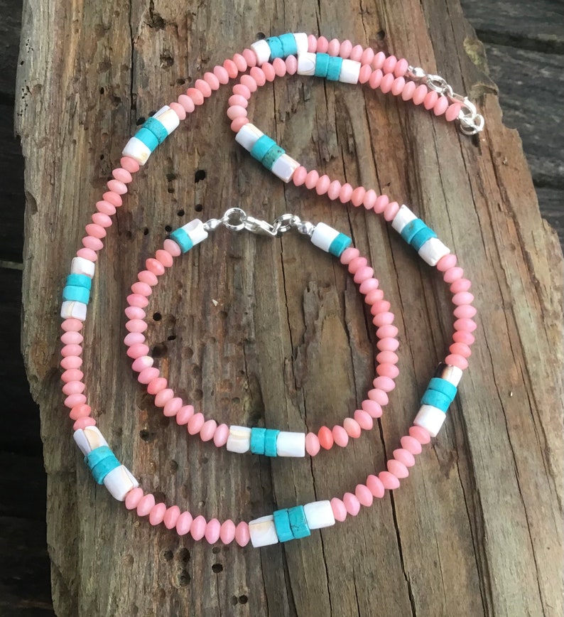 Peach Coral, Shell and Turquoise Necklace image 3