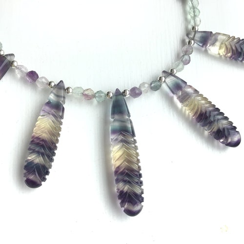 Carved Rainbow Fluorite and Sterling silver Gemstone shops Bib Necklace