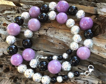 Lilac Phosphosiderite, Onyx and Silver Lava Bead Gem Necklaces