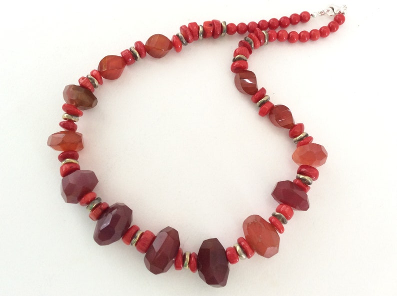 Red Chalcedony Red Agate and Red Coral Gem Bead Statement Necklace