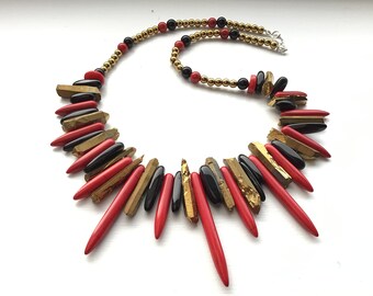 Red Howlite, Gold Quartz, Red Coral and Black AgateGem Spike Bib Necklace