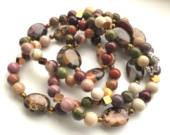 Long Jasper, Unakite, and Mookaite Gem Necklace