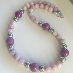 Pink Kunzite, Lilac Phosphosiderite, Silver Hematite Necklace image 3