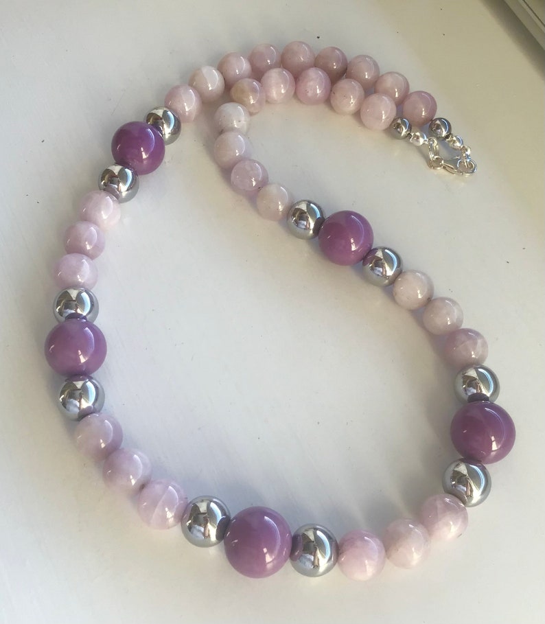 Pink Kunzite, Lilac Phosphosiderite, Silver Hematite Necklace image 3