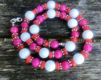 White Chalcedony,Red coral Pink Jade and Silver Necklace