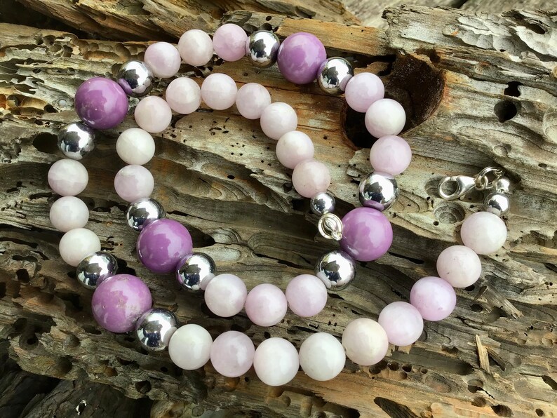 Pink Kunzite, Lilac Phosphosiderite, Silver Hematite Necklace image 7