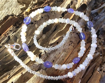 Tanzanite, Rainbow Moonstone, Freshwater Pearl and Sterling Silver Gem Necklace