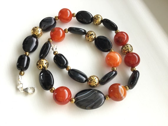 Orange and Black Agate, Gold Lava Bead, Chunky Gem Bead Necklace