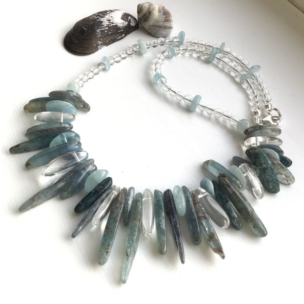 Kyanite, Rock Crystal, Aquamarine Spike Bib Gem Necklace