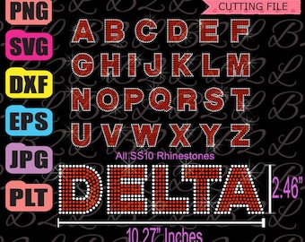 Könnte beinhalten: Eine digitale Design-Datei für ein Alphabet aus Strasssteinen und das Wort "DELTA" in Rot und Weiß. Das Design ist 10,27 Zoll breit und 2,46 Zoll hoch. Das Design ist mit SS10 Strasssteinen gefertigt.