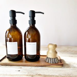 NEW Amber Glass Bottle & Acacia Tray Sink Set: Soap Dispenser Bundle 500ml
