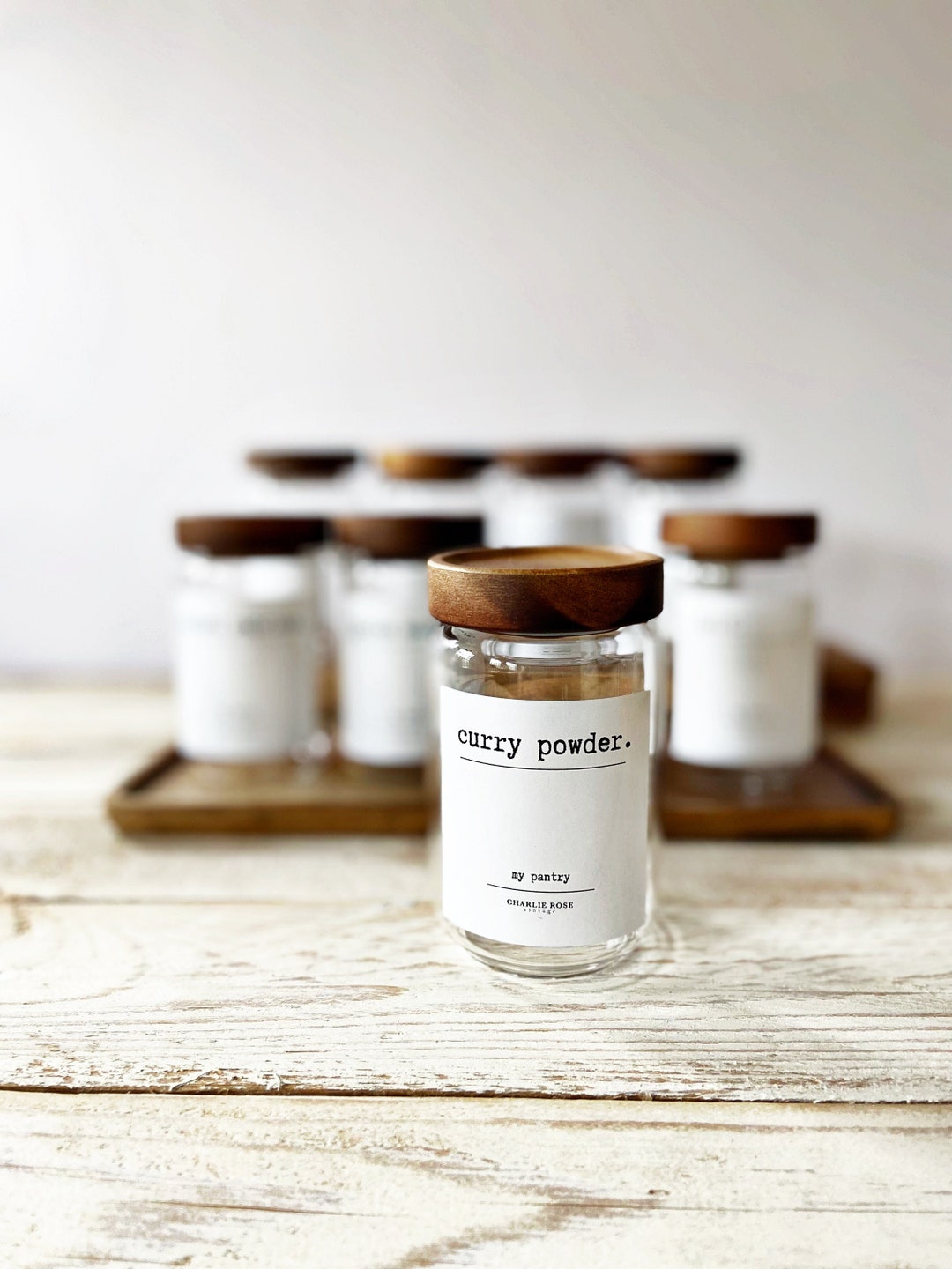 Spice and Herb Jars. Glass Jars With Acacia Wooden Lid. Pantry Jars