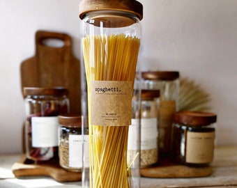 Spaghetti jar. Storage jars & labels. Glass jars with Acacia wood lid and a label, pantry jars, kitchen, storage, organiser