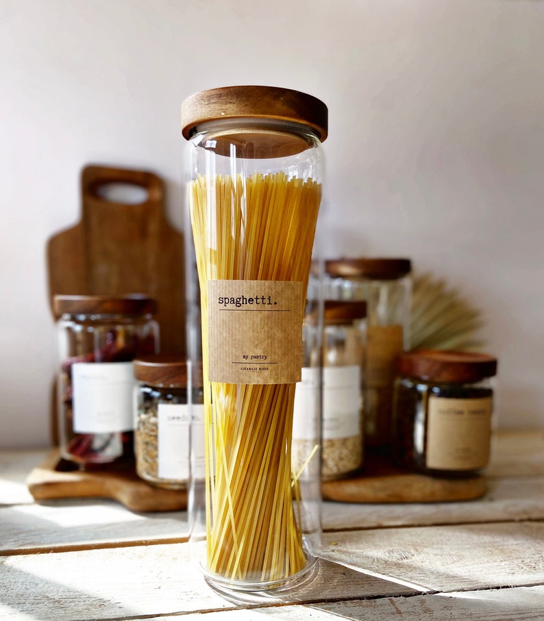Tall Glass Spaghetti Storage Canister Dark Wood Lid