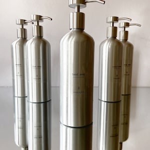 May include: Five silver pump bottles with black labels. The labels read "shampoo", "dish soap", "hand soap", "conditioner", and "body wash".
